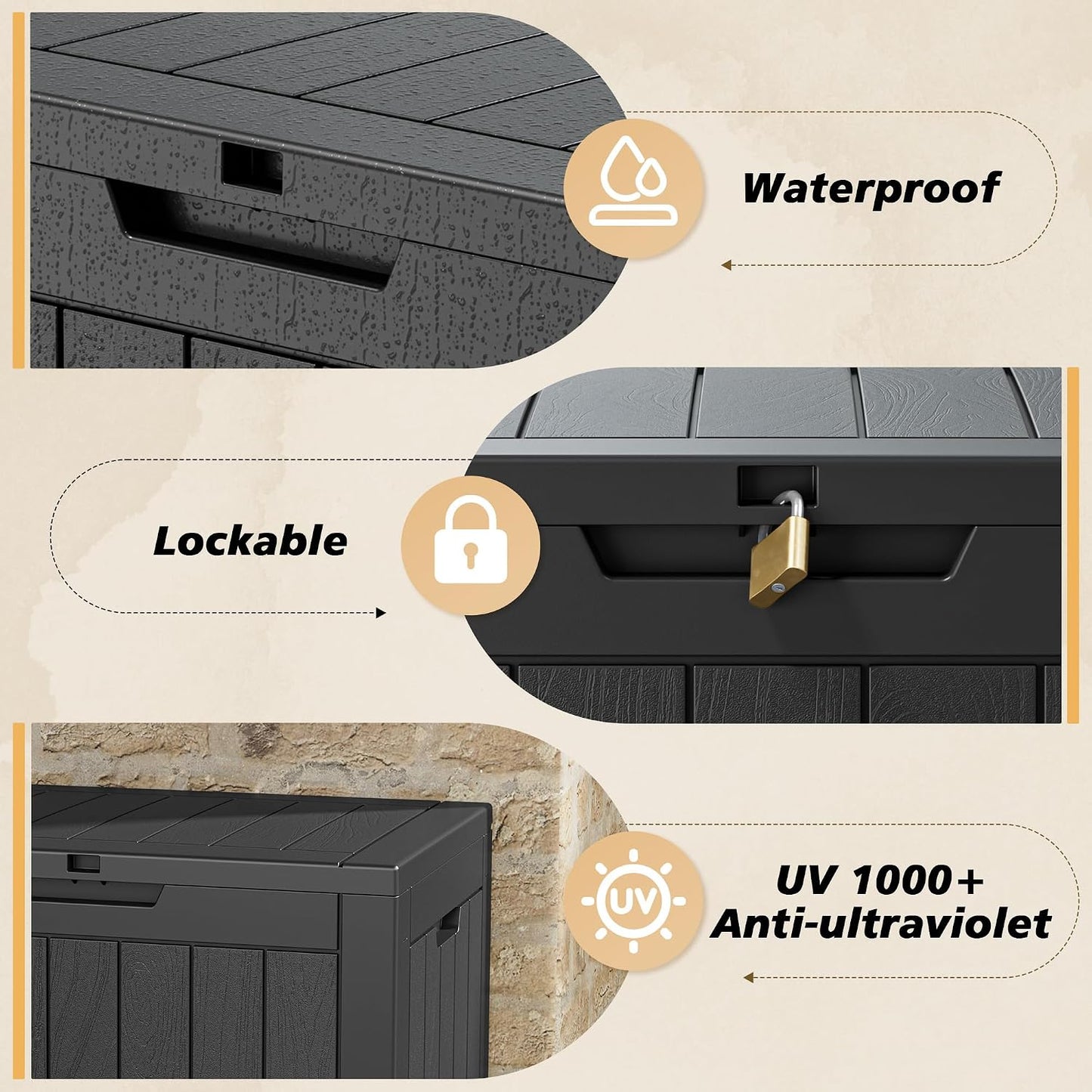Fancyango 75 Gallon Outdoor Deck Box Waterproof, Large Storage Box for Patio, Resin Storage Bench Lockable for Garden Tools, Package Delivery, Black