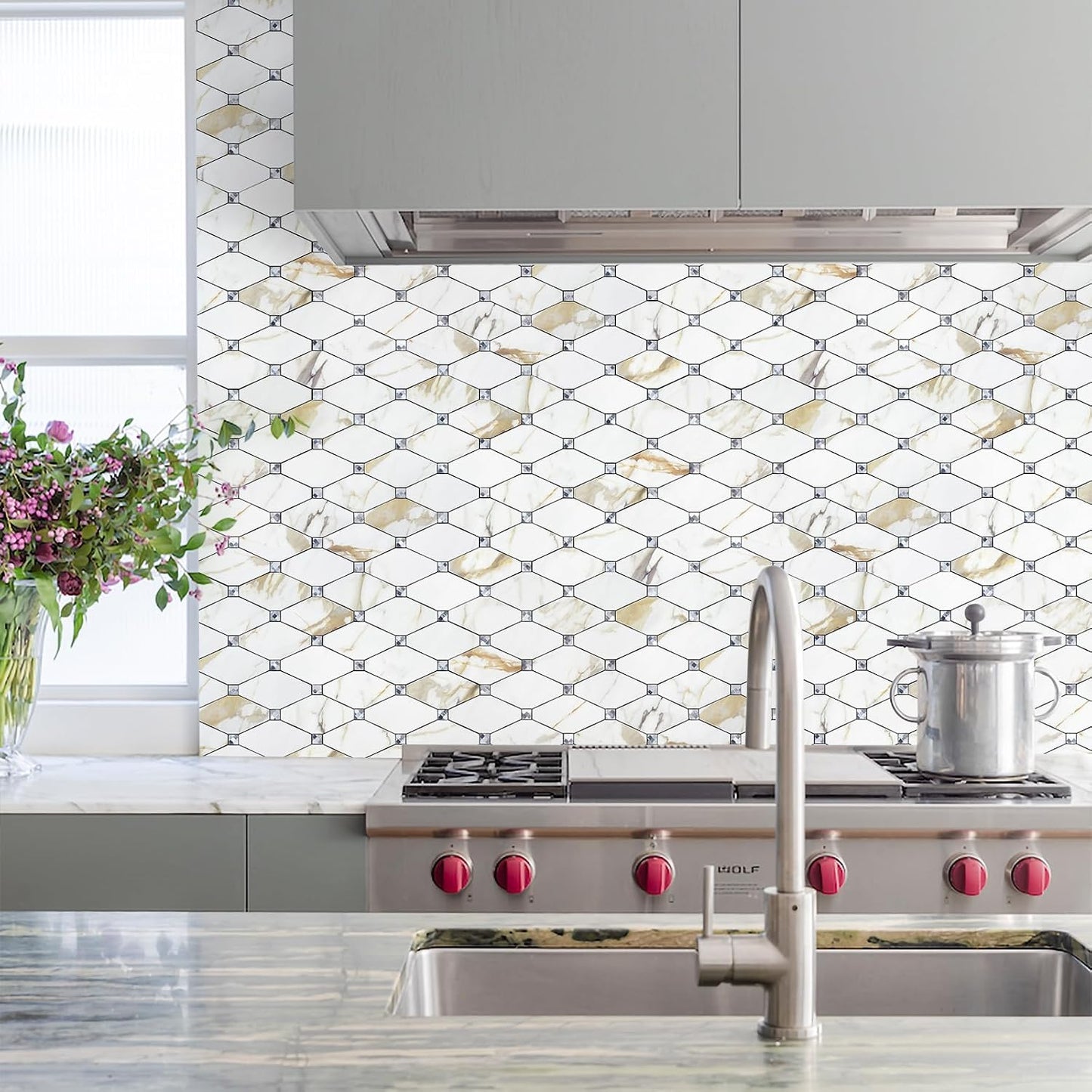 STICKGOO 10 Sheets Peel and Stick Backsplash, Polished Dolomite PVC Mixed Metal Gold Kitchen Backsplash, Stick on Backsplash Wall Tiles for Kitchen, Bathroom, RV