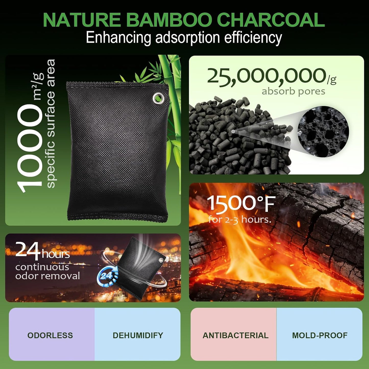 Activated charcoal deodorizer (11 x 100g), bamboo charcoal air purification bags, suitable for dehumidifying, home, refrigerator, shoes, pets, wardrobe, car air freshener deodorant bags.