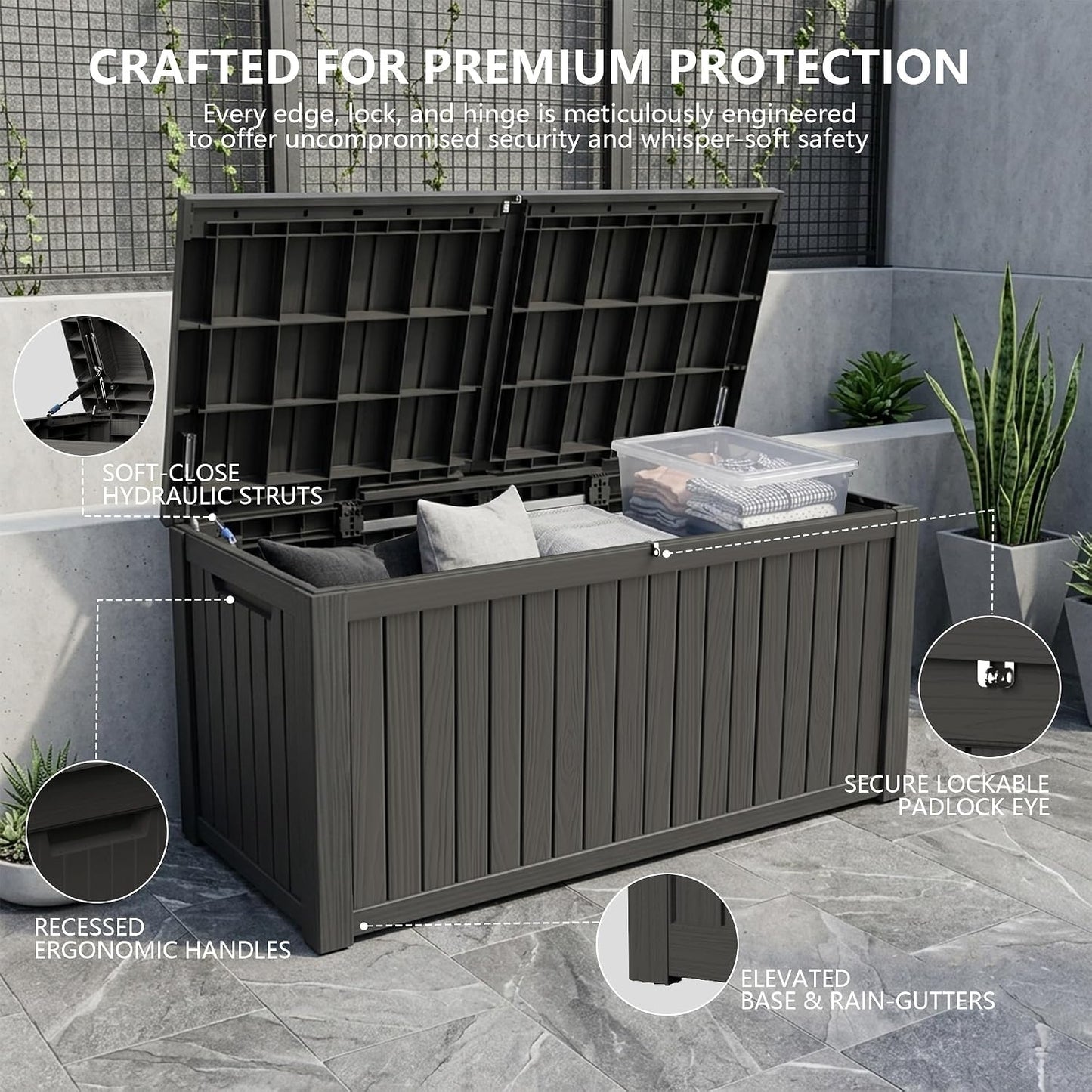 Outdoor Storage Box, 320 Gallon Waterproof Deck Box [Upgraded 3.0], Dual Gas-Spring Ultimate Resin Organizer for King Cushions, Heavy-Duty Lockable Estate Storage Bench, Backyard BBQ, Black