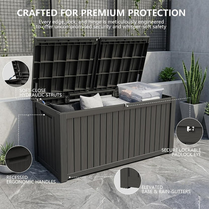 Outdoor Storage Box, 320 Gallon Waterproof Deck Box [Upgraded 3.0], Dual Gas-Spring Ultimate Resin Organizer for King Cushions, Heavy-Duty Lockable Estate Storage Bench, Backyard BBQ, Black