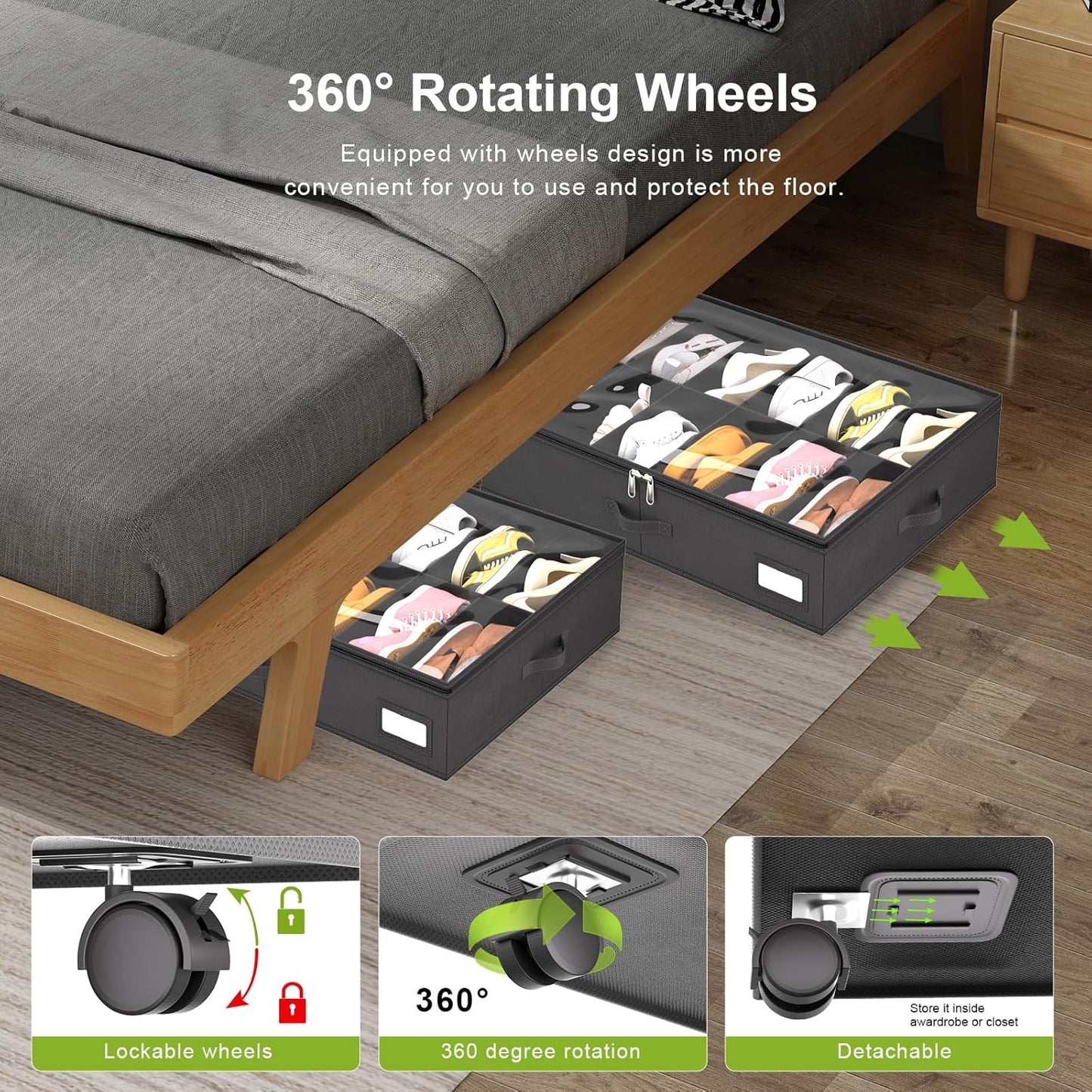 homyfort Under Bed Shoe Storage with Wheels, Fits 24 Pairs, Rolling Shoe Organizer with Bottom Support & Clear Lids, Sturdy Under Bed Storage Box for Shoes, Set of 2, Grey