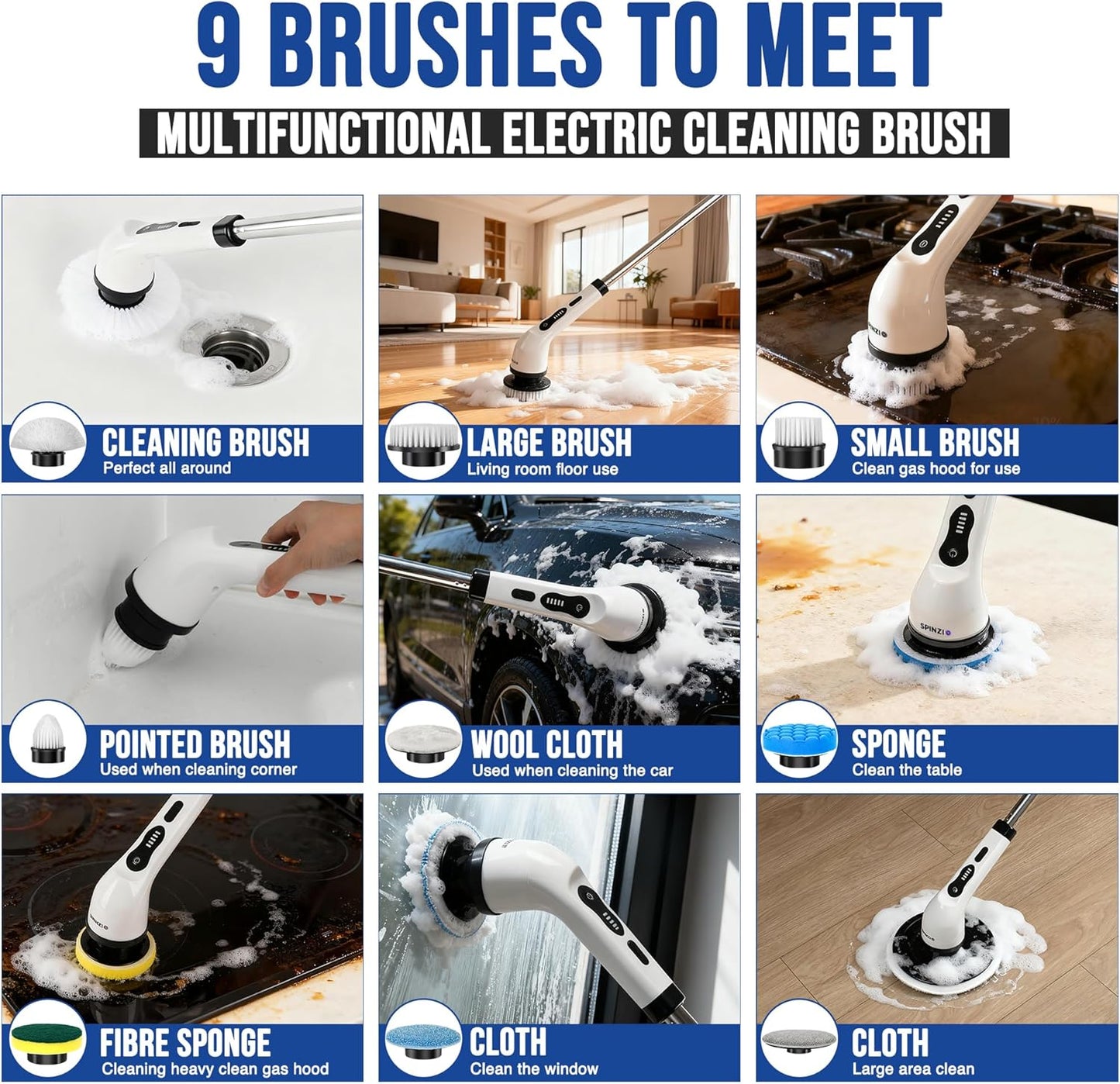 Electric Spin Scrubber Cordless Electric Cleaning Brush with LCD Power Display 9 Replaceable Heads Dual Speed IPX7 Waterproof Electric Scrubber for Cleaning Bathroom Tiles Floor Kitchen & Car