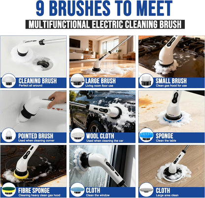 Electric Spin Scrubber Cordless Electric Cleaning Brush with LCD Power Display 9 Replaceable Heads Dual Speed IPX7 Waterproof Electric Scrubber for Cleaning Bathroom Tiles Floor Kitchen & Car