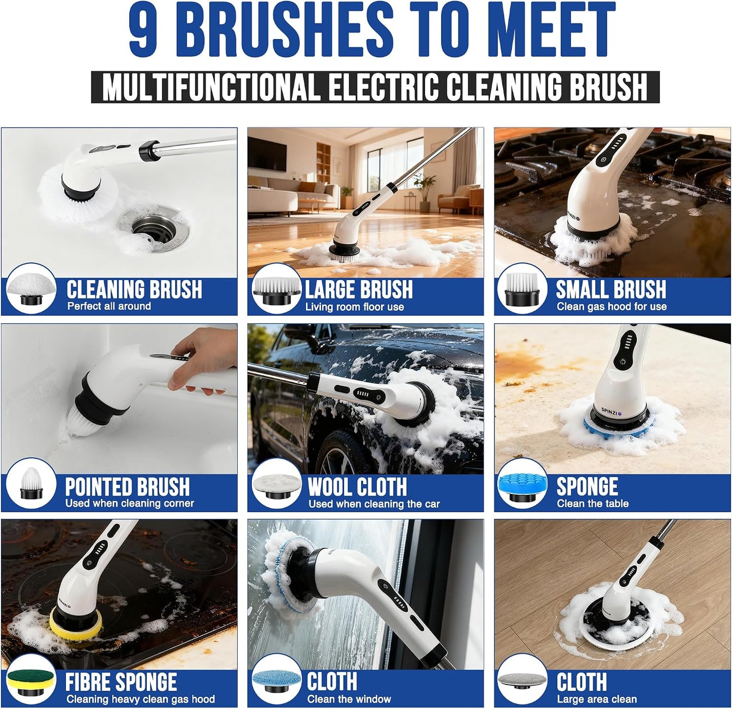 Electric Spin Scrubber Cordless Electric Cleaning Brush with LCD Power Display 9 Replaceable Heads Dual Speed IPX7 Waterproof Electric Scrubber for Cleaning Bathroom Tiles Floor Kitchen & Car