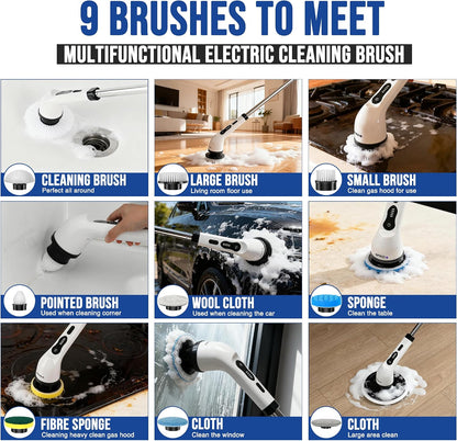 Electric Spin Scrubber Cordless Electric Cleaning Brush with LCD Power Display 9 Replaceable Heads Dual Speed IPX7 Waterproof Electric Scrubber for Cleaning Bathroom Tiles Floor Kitchen & Car