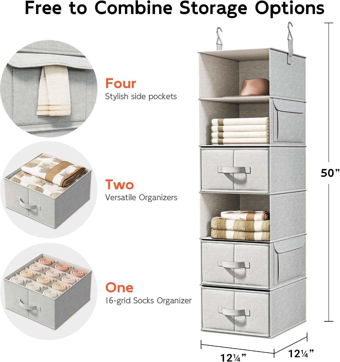Vailando 6-Shelf Hanging Closet Organizer with 3 Drawers, 2 Separable 3-Shelf Closet Organizers and Storage for Wardrobe Organization, Hanging Dresser for Nursury & Dorm Clothes Organizer