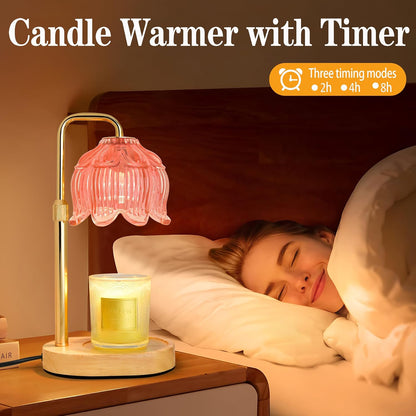 Candle Warmer Lamp with Timer Dimmer, Adjustable Height Pink Tulip Candle Wax Warmer, Christmas Birthday Gift for Mom Women,House Warming Gifts for New Home Bedroom Decor,Flower Pink