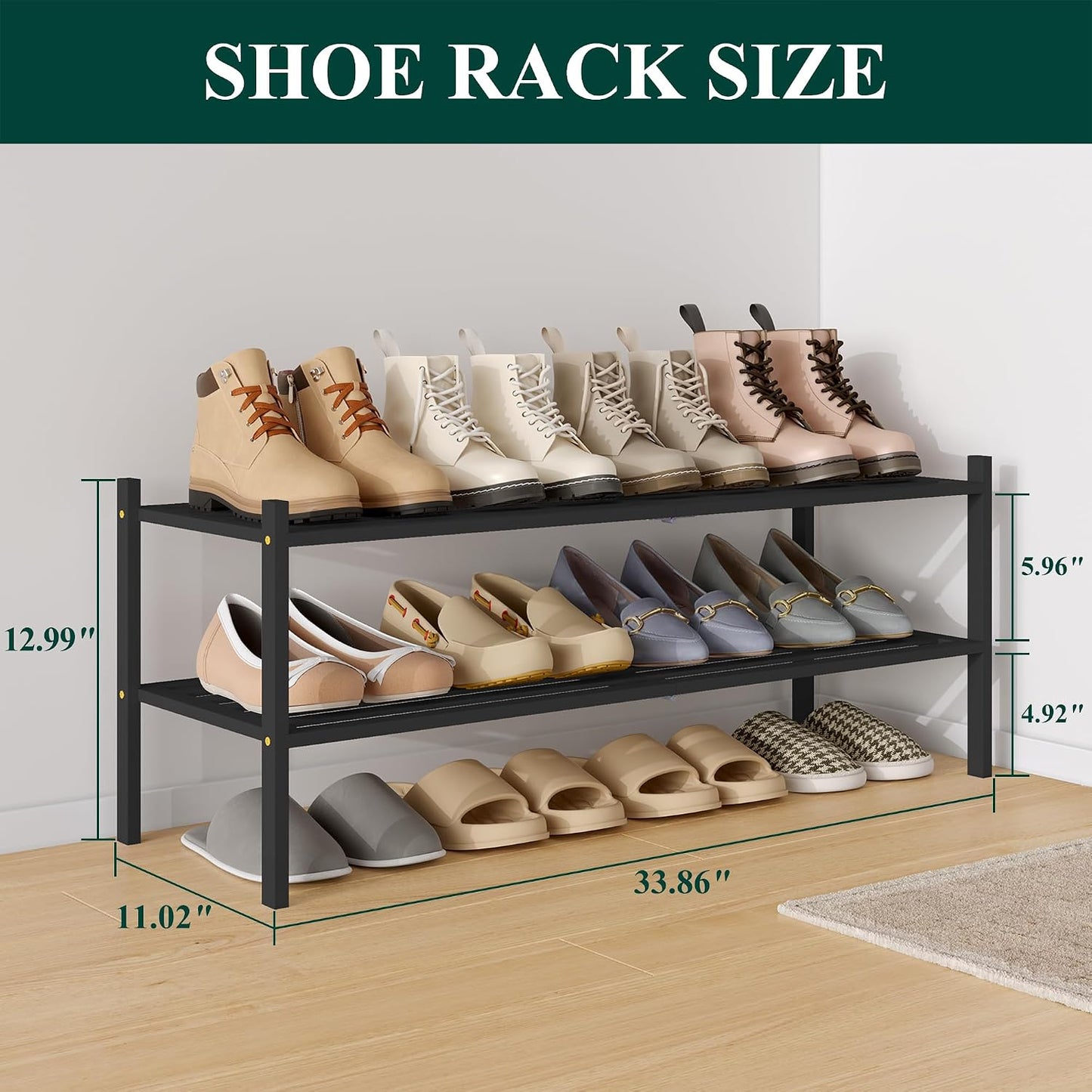 Smiry Bamboo Shoe Rack, 3 Tier Free Standing Wooden Shoe Organizer, Stackable Wood Shoe Storage Shelf for Closet, Entryway, 5 Horizontal Slats, 26.8"x11"x18.3", Natural