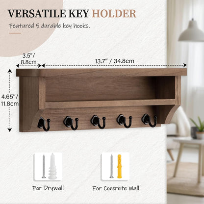 Nekon Key Holder Wall Mount, Wall Organizer Shelf with 5 Key Hooks, Room Decor for Home and Apartment Essentials, White