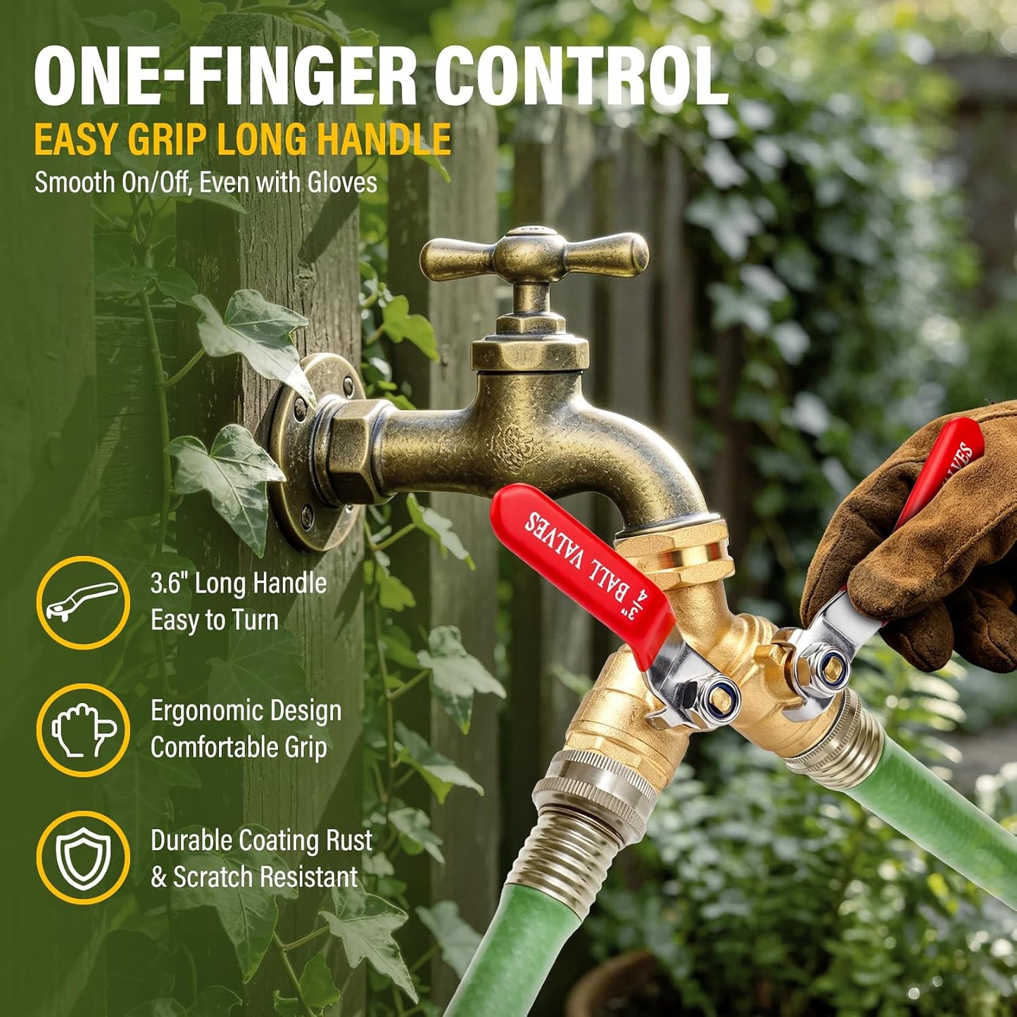 Hose Splitter 2 Way Heavy Duty, Full-Flow Brass Garden Hose Splitter with 304 Stainless Steel Long Handle, 3/4" GHT Faucet/Spigot/Hose Bib Connector, Outdoor Water Hose Splitter with Shutoff Valves