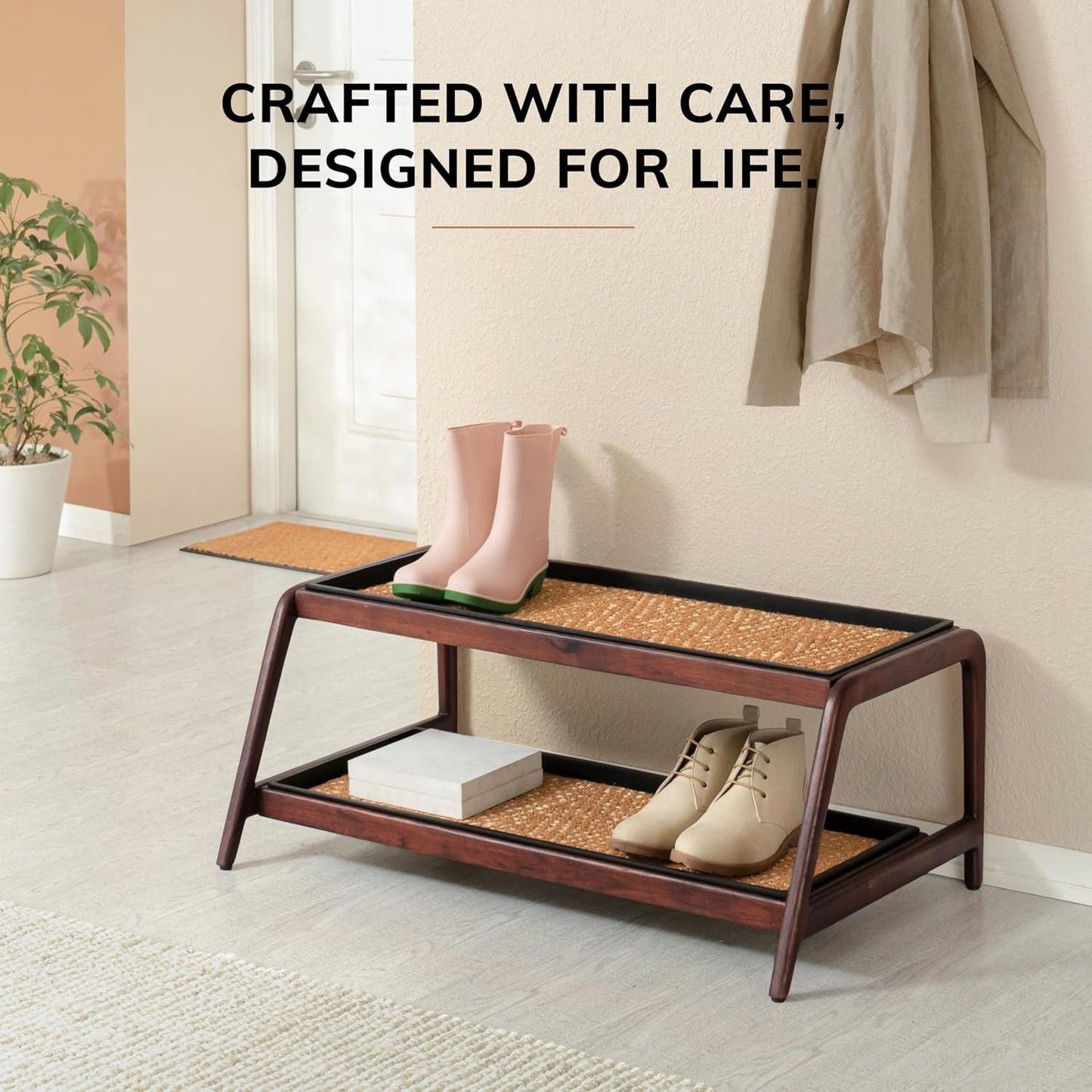 Anji Mountain Heavy Duty Waterproof Wooden Shoe Storage Mat Organizer/Boot Storage Tray Multi Use for Entryway with Coir, Gray and Ivory Insert, 1 Tier, Fits 2 Pair (26.5" Wide)