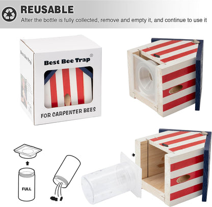 Carpenter Bee Trap for Outside - Best Bee Trap - Flag Cabin Style Nature Hanging Wood Carpenter Bee Traps Outdoor - Insect Traps with Removable Vault