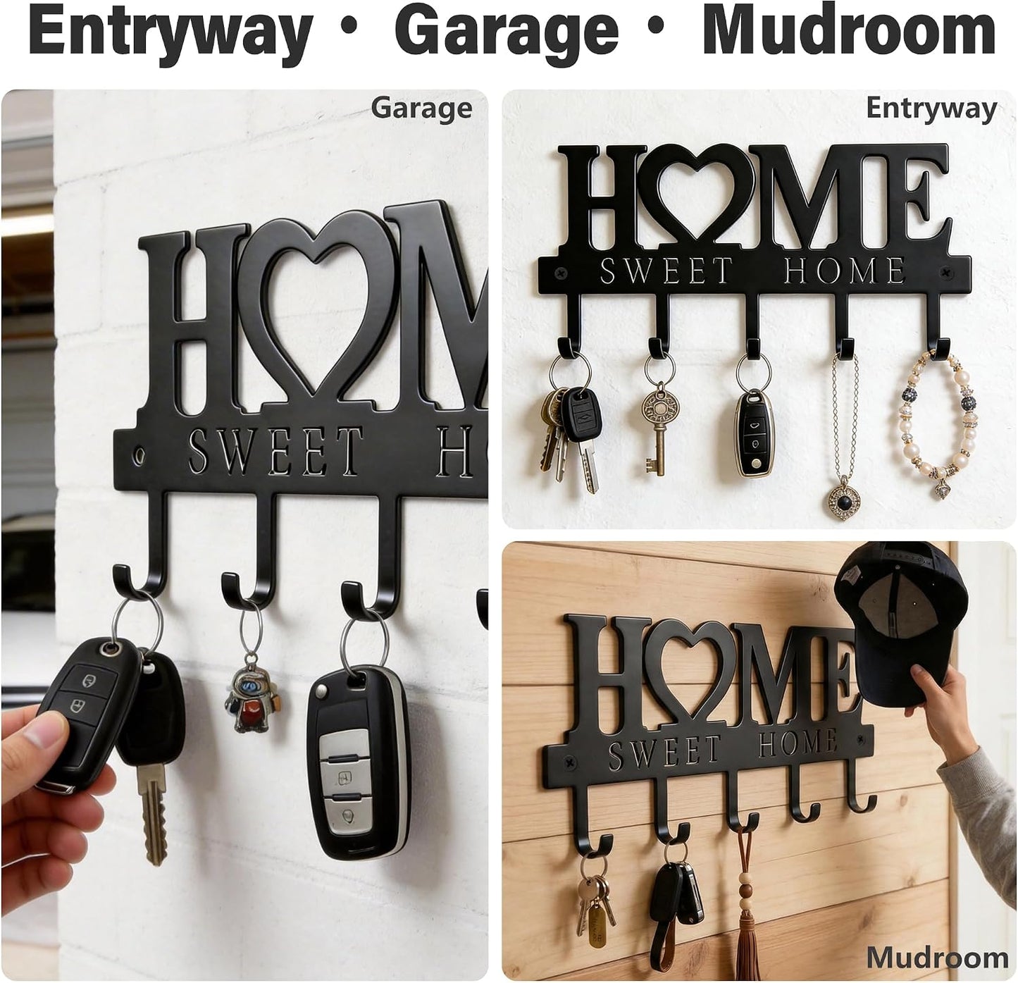 Key Holder for Wall with 5 Hooks, Wall Mounted Metal Key Rack Organizer, Home Sweet Home Heart Decor Key Hooks for Entryway, Mudroom, Kitchen, Dog Leashes, Coats, Housewarming Gift, Black