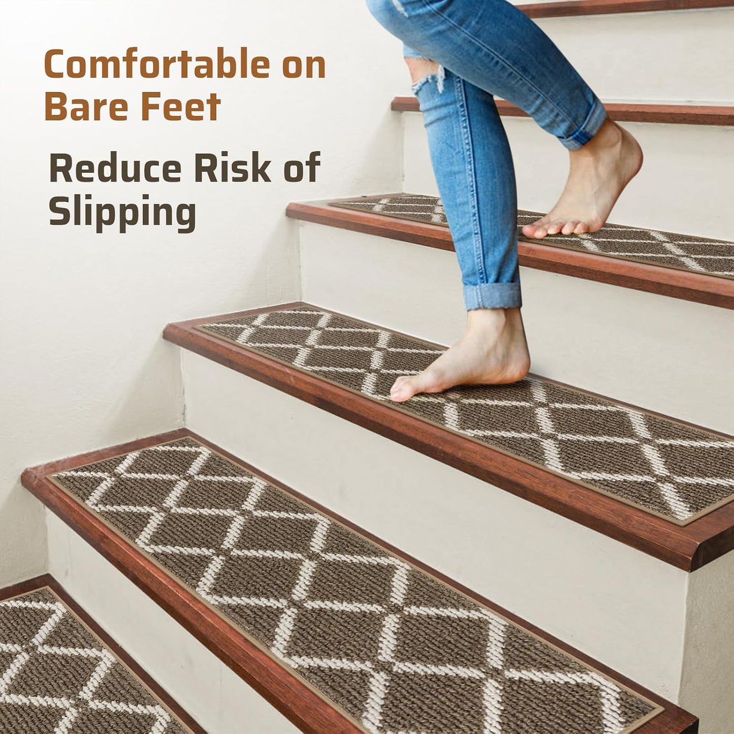 Stair Treads Non Slip for Wooden Steps Indoor, 7 Pack 8" X 30" Carpet Runners for Wood Stairs with Self-Adhesive Backing, Stickiness Stair Rugs for Kids Elders and Dogs, Square Brown