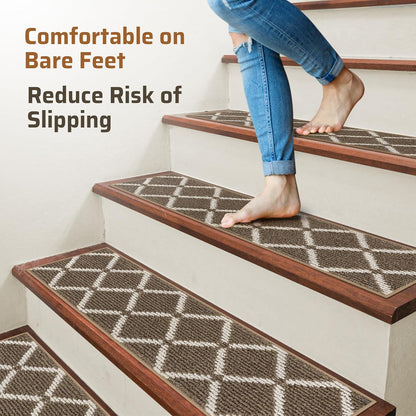 Stair Treads Non Slip for Wooden Steps Indoor, 7 Pack 8" X 30" Carpet Runners for Wood Stairs with Self-Adhesive Backing, Stickiness Stair Rugs for Kids Elders and Dogs, Square Brown