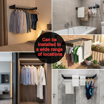 Wall Mounted Clothes Drying Rack 32", Foldable Wall Mount Laundry Rack Folding Indoor, Drying Rack Clothing Collapsible, Hidden Space Saver with Wall Template, 5 Rods, Black （HOU ）