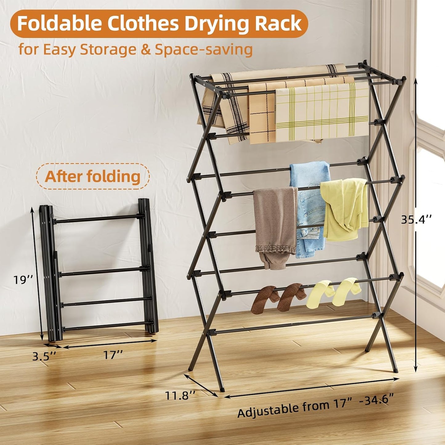 Drying Rack Clothing, 3-Tier Clothes Drying Rack Foldable, Antirust Laundry Drying Rack Collapsible Use for Indoor & Outdoor, 11.8" D x 34.6" W x 35.4" H, White