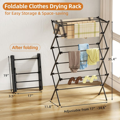 Drying Rack Clothing, 3-Tier Clothes Drying Rack Foldable, Antirust Laundry Drying Rack Collapsible Use for Indoor & Outdoor, 11.8" D x 34.6" W x 35.4" H, White