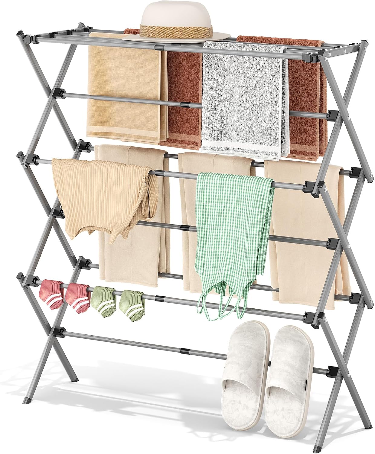 APEXCHASER Drying Rack Clothing - 3 Tier Metal Clothes Drying Rack Collapsible, Laundry Drying Rack Expandable, Small Clothe Airer for Baby Clothes Towel Bib Sock Indoor Outdoor Use(White)