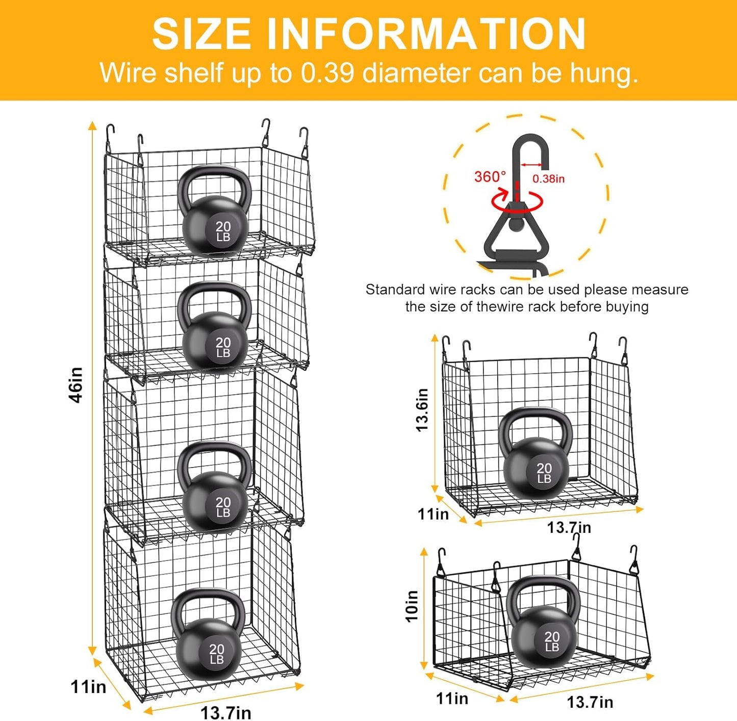 4-Tier Hanging Laundry Room Organizer: Foldable Wire Shelf Basket with 2 Large Hooks 1.65" & 360°Rotating Hooks – Space-Saving Laundry Storage Basket, for Wardrobe Closet Storage, White Patent