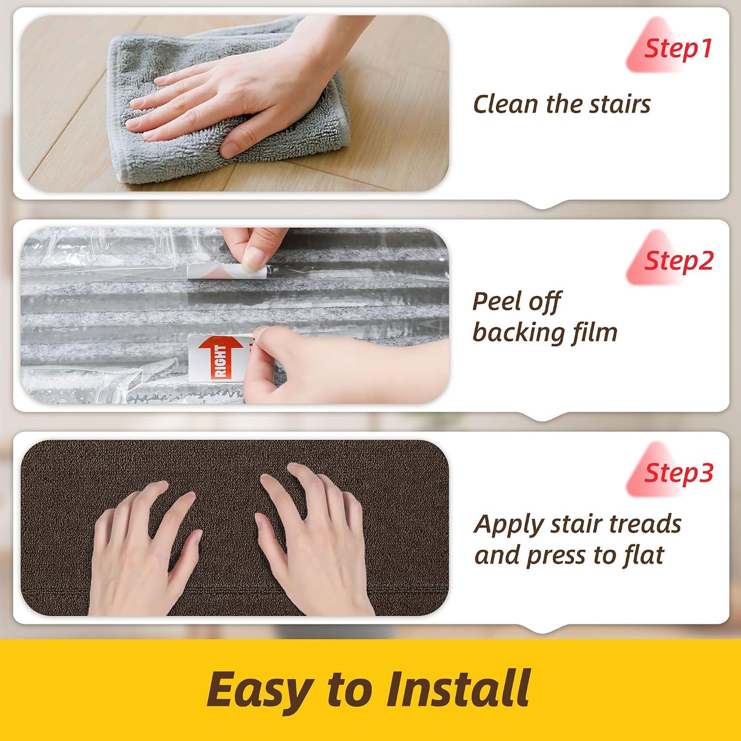 JSEI Stair Treads for Wooden Steps Indoor, 15-Pack Non Slip Stair Treads 30" x 8", Washable Polyester Stair Mats with TPE Backing, Low Profile Stair Rugs for Kids, Seniors and Dogs, Brown