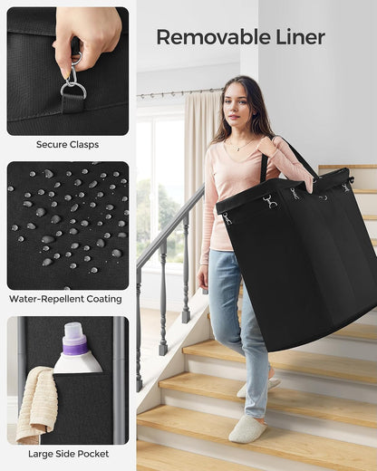 SONGMICS Laundry Basket with Wheels, 3-Section Rolling Laundry Hamper, 52.8 Gallons (200 L), Removable Liner, Steel Frame with Handle, 35.8 x 15.4 x 31.9 Inches, Cream White URLS005W01