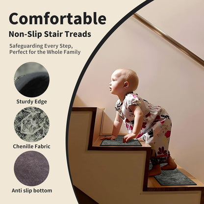 Non-Slip Carpet Stair Treads 15PCS, 8"x30" Peel and Stick Stair Runner for Wooden Steps Indoor, Washable Reusable Adhesive Backing, Pet-Friendly Safety Mats for Kids, Elders, Dogs