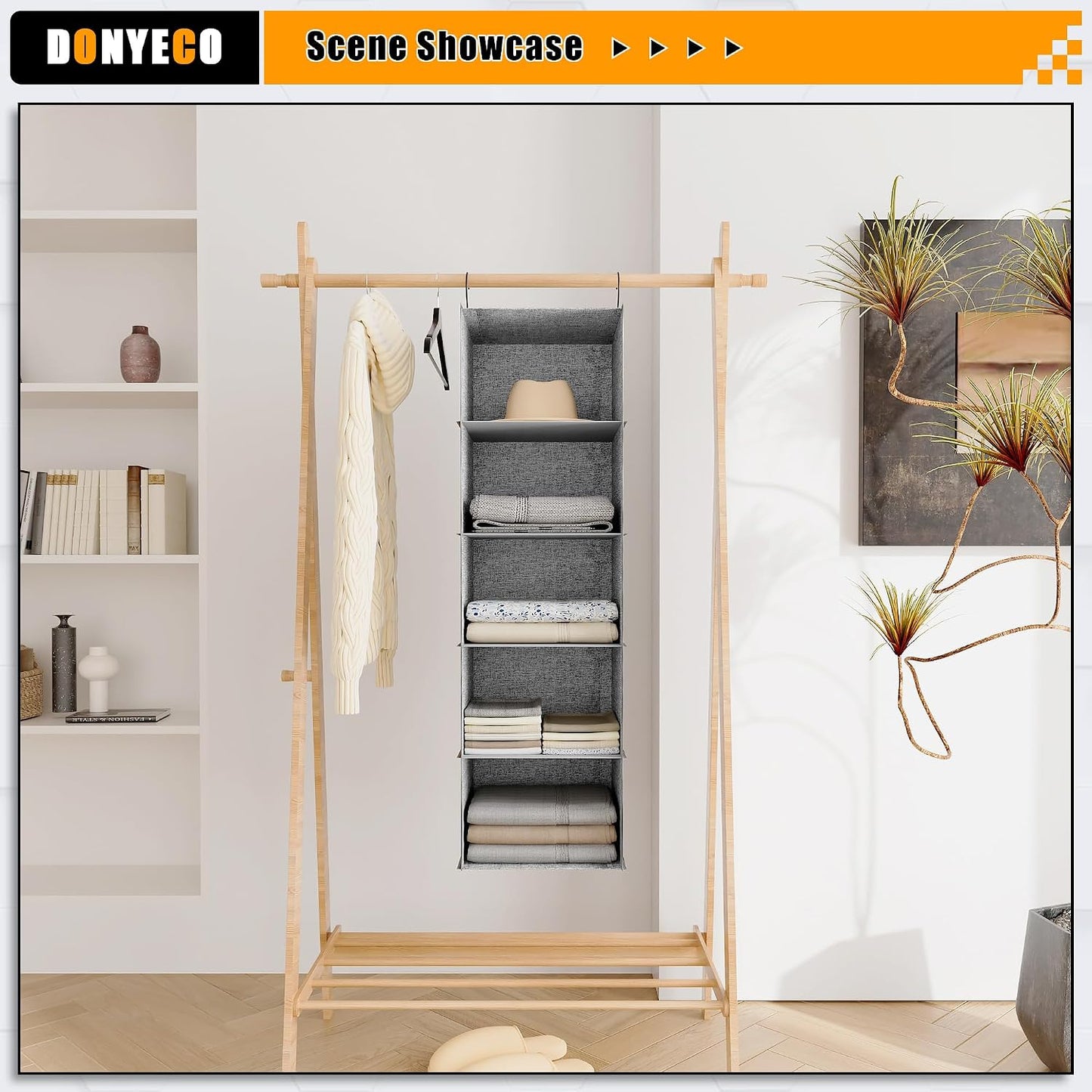 Hanging Closet Organizer 3-Shelf, Oxford Fabric Wardrobe Storage, Gray | Easy-mount foldable design holds clothes, handbags, shoes & accessories; washable Oxford fabric, sturdy and space-saving.