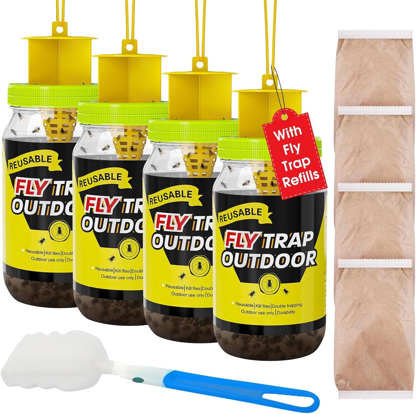 4 Fly Traps Outdoor Fly Trap with 4 Dissolvable Bait Refills, Reusable Hanging Bug Catcher Killer Bottle for Outside Bug Control Patio Yard Ranch Barns Stable, Hanging Rope, Brush Included