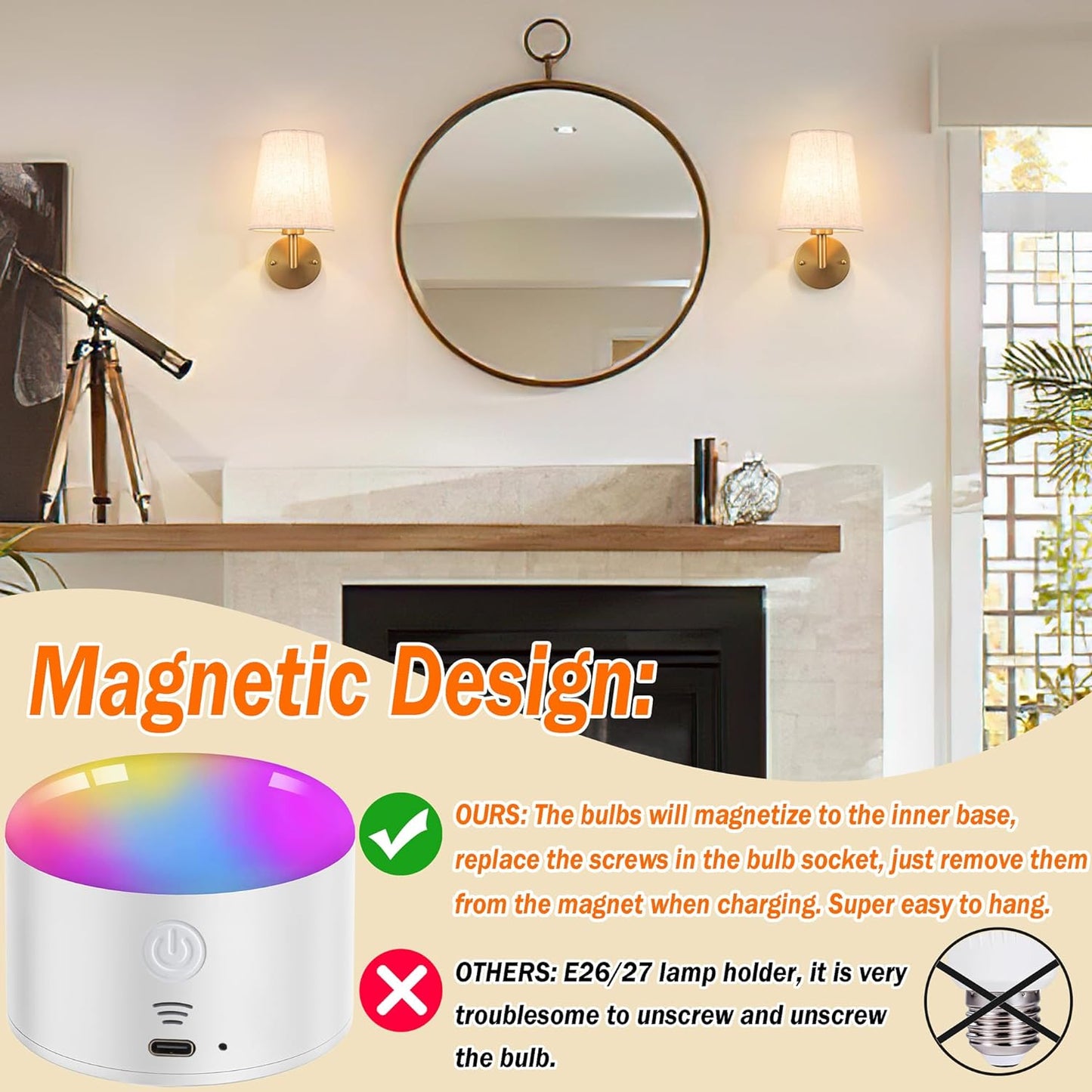 Wall Sconce Battery Operated Wall Light Fixure with Remote Control, Dimmable Battery Operated Wall Sconces Set Of Two, Indoor Wireless Wall Mounted Lamp with Rechargable Bulb For Bedroom Living Room (