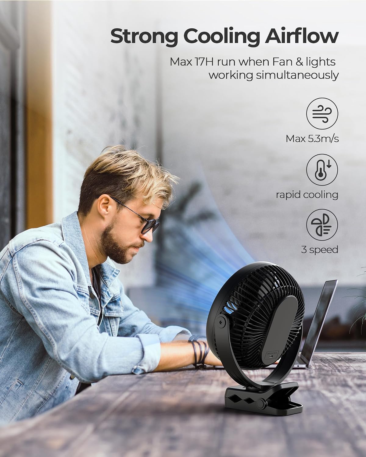 xasla 10000mAh Portable Clip on Fan, 8 inch Rechargeable Battery Operated, 24 Hours Work Time, Quiet USB 4 Speeds Personal, Ideal for Outdoor Camping Golf Cart Home Office Black