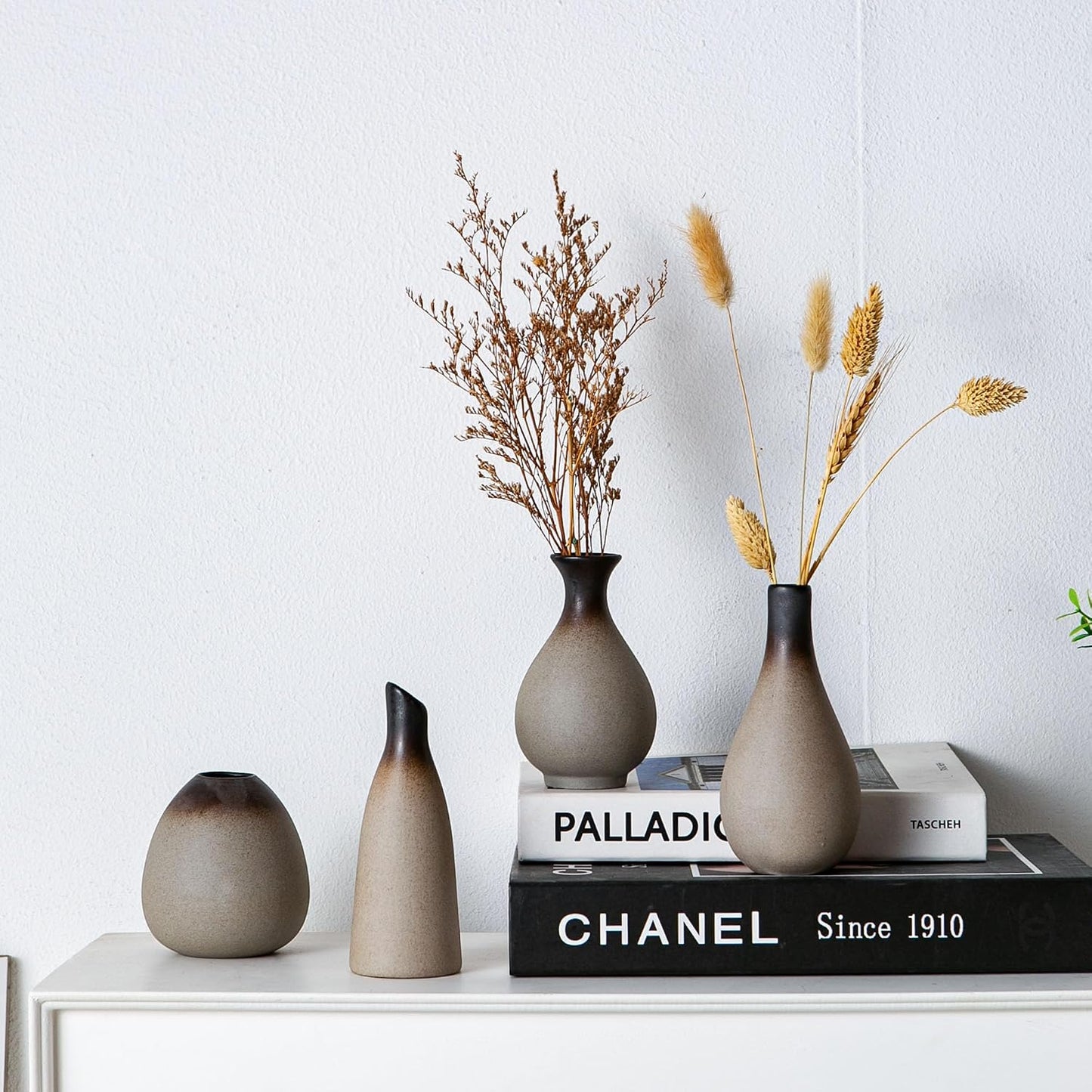 Tanvecle Small White Vases, Ceramic Bud Vase Set of 5, Mini Pottery Vases for Pampas Grass, Flowers, Decorative Vases for Home Modern Decor, Rustic Decor, Veses for Living Room Dining Table Shelves