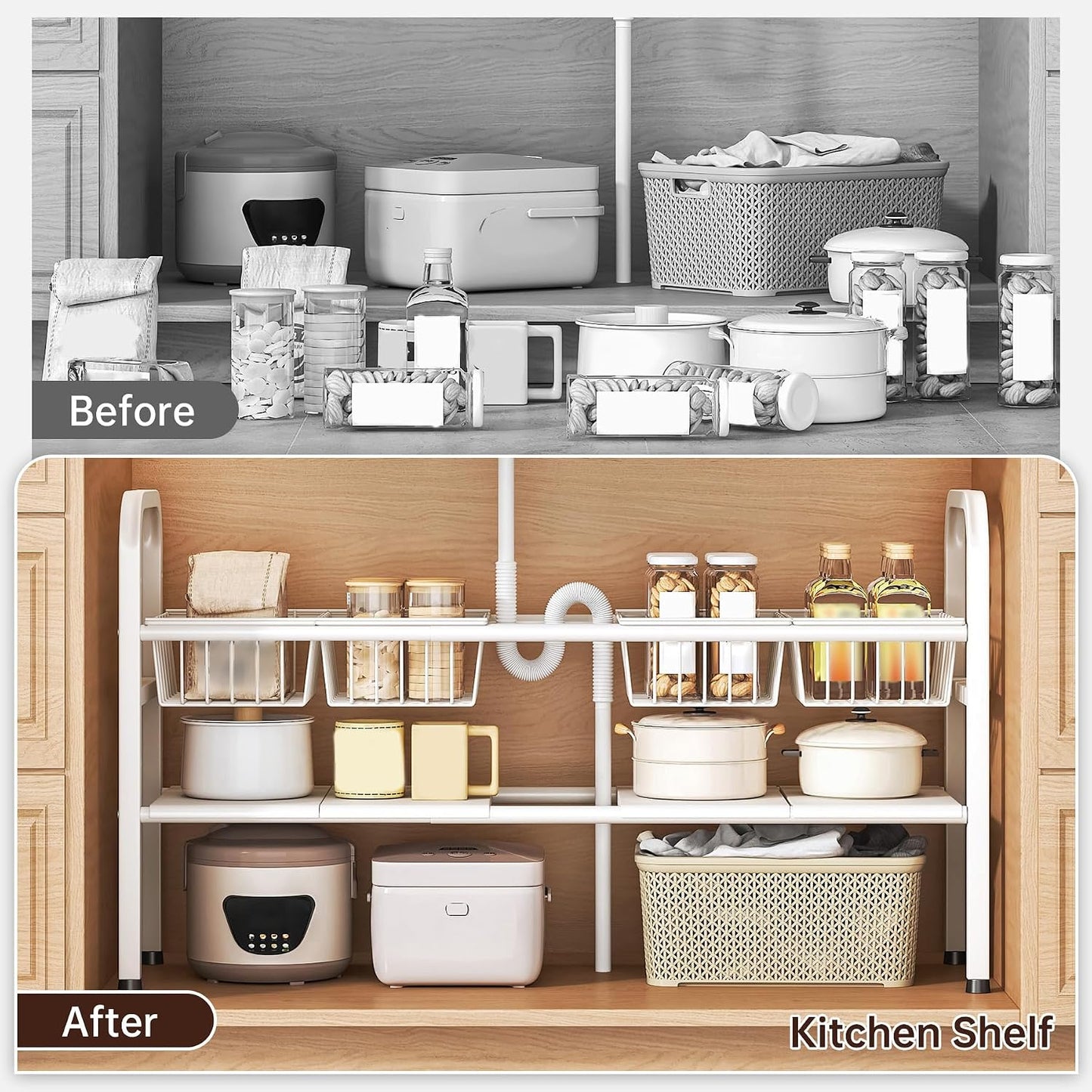 2 Tier Under Sink Organizer Expandable Length/Height Adjustable Heavy | Length/height adjustable fits any cabinet, 4 removable shelves/baskets, anti-wobble feet, for kitchen/bathroom/laundry
