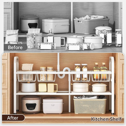 2 Tier Under Sink Organizer Expandable Length/Height Adjustable Heavy | Length/height adjustable fits any cabinet, 4 removable shelves/baskets, anti-wobble feet, for kitchen/bathroom/laundry