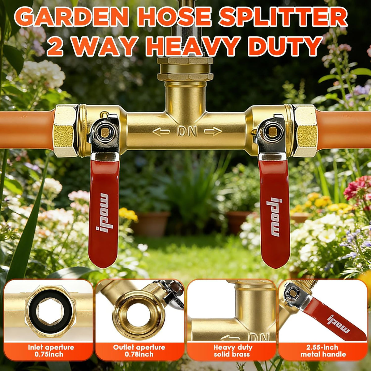 IPOW Upgrade Full Flow Garden Hose Splitter with Stainless Steel Handle, Brass Heavy Duty 2 Way Y Valve Garden Hose Splitter High Flow Spigot Splitter + 6 Rubber Hose Washers with Comfort Grip Use