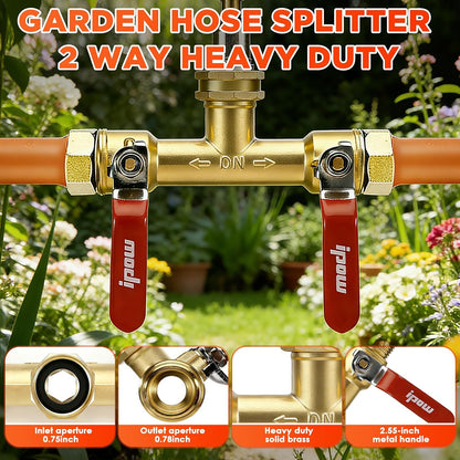 IPOW Upgrade Full Flow Garden Hose Splitter with Stainless Steel Handle, Brass Heavy Duty 2 Way Y Valve Garden Hose Splitter High Flow Spigot Splitter + 6 Rubber Hose Washers with Comfort Grip Use