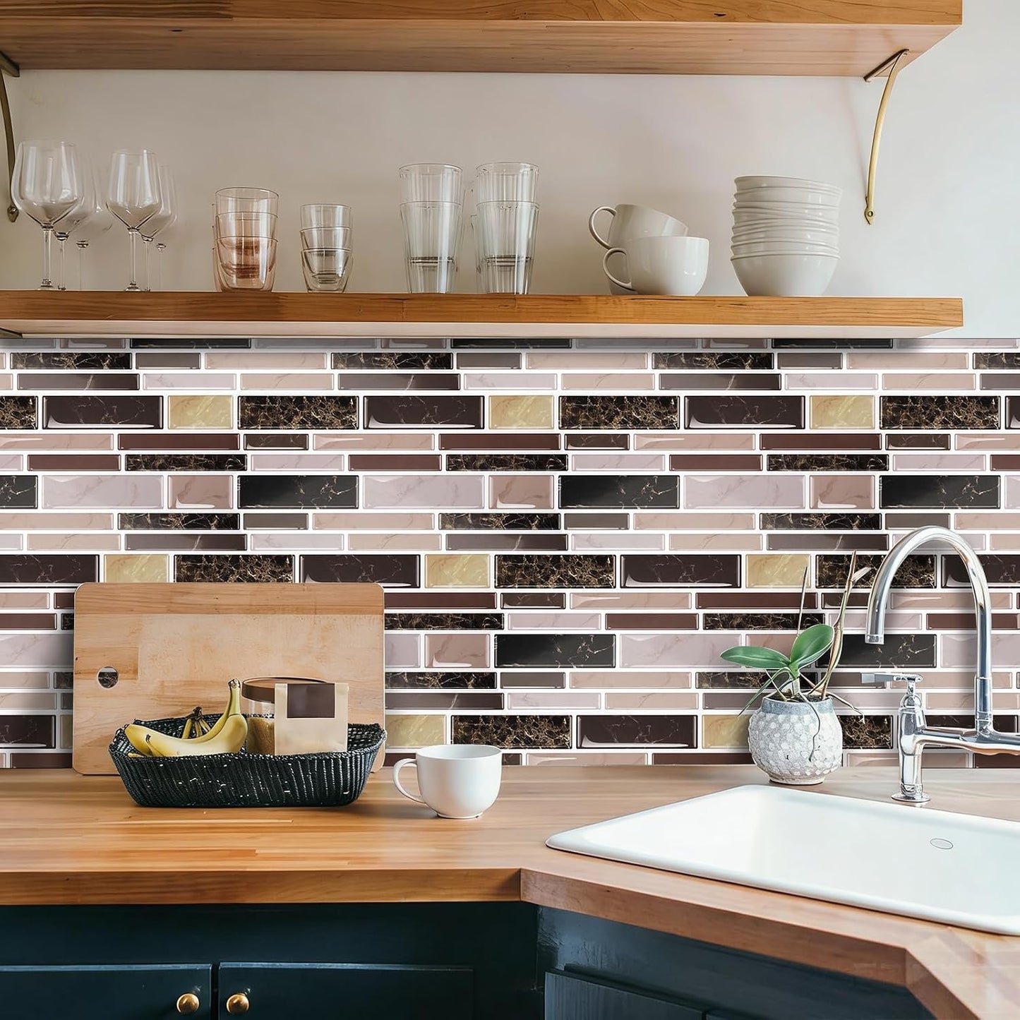 24 Sheet Peel and Stick Tile Backsplash Sticks for Kitchen 10"x 5" Back Splashes Self Adhesive Waterproof Tile Wall Paper for Bathroom Kitchen Backsplash, RV, Fireplace, Black/White Marble Look