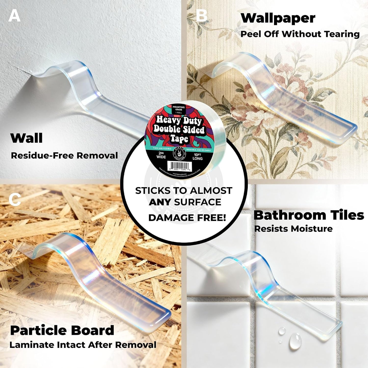 HIPPIE CRAFTER Double Sided Tape Heavy Duty for Walls - Nano Clear Mounting Tape, Removable & Reusable Two Sided Tape for Hanging, Strong Adhesive Wall Tape Transparent Roll 1" x 10FT