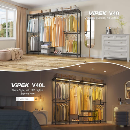 VIPEK V40 Heavy Duty Clothes Rack, 1110lbs Capacity Sturdy Metal Garment Rack, Clothing Rack with 6 Shelves & 4 Hang Rods, Adjustable Open Wardrobe Closet Organizer for Bedroom/Apartment/Retail, Black