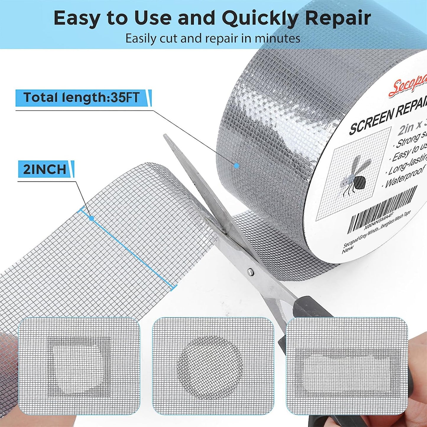 Secopad Black Window Screen Repair Tape, 4 in X 20 FT (240IN) Kit for Windows or Doors, Strong Adhesive Patch Fiberglass Mesh Repair