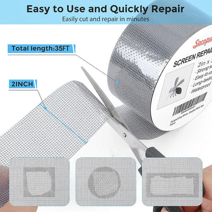 Secopad Black Window Screen Repair Tape, 4 in X 20 FT (240IN) Kit for Windows or Doors, Strong Adhesive Patch Fiberglass Mesh Repair