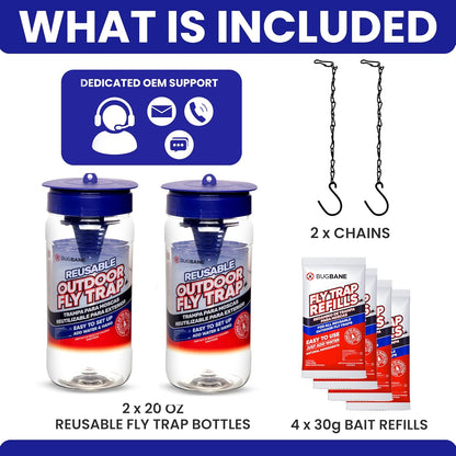 Fly Trap Outdoor Fly Traps for Patio with 2 Non-Toxic Dissolvable Bait Refills. Reusable Hanging Bug Catcher Killer for All Filth Flies for Outside Bug Control Yard Ranch. Hanging Chains Included.