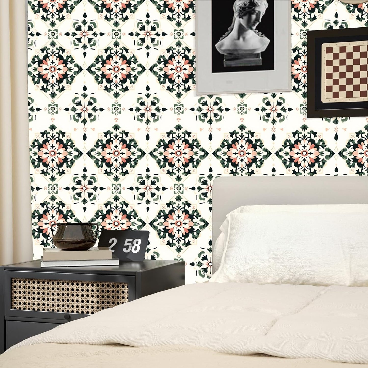 BOKEBEVE Leaves Contact Paper Floral Wallpaper Stick and Peel Boho Damask Wall Paper for Liner Drawer Cabinet Backsplash Renter Friendly Waterproof 17.5 x 118In