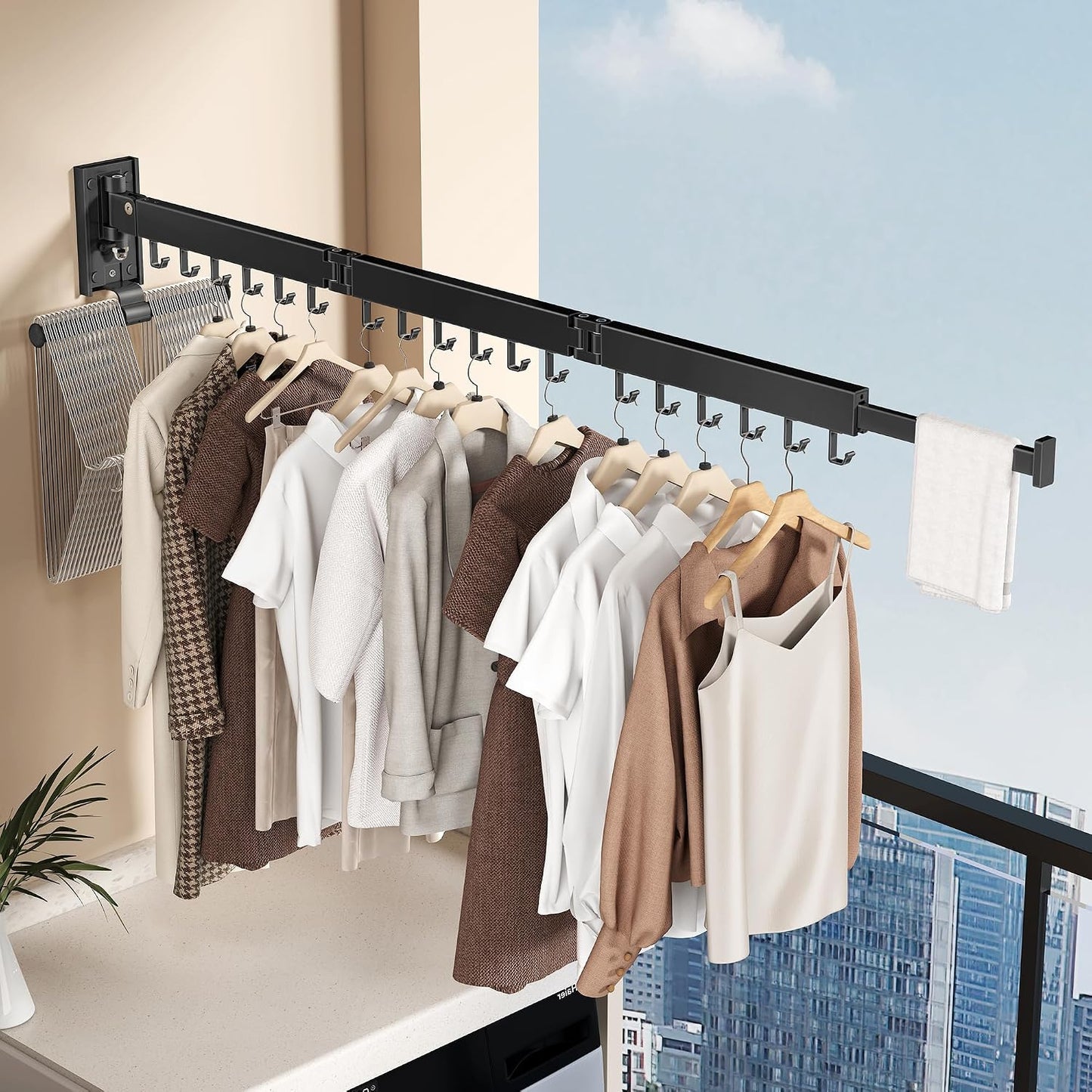 Wall Mounted Tri-Fold Clothes Drying Rack, Heavy Duty Collapsible Laundry Drying Rack, Space-Saving Retractable Foldable Drying Rack Clothes for Laundry Room Balcony Bathroom,Black-Hooks