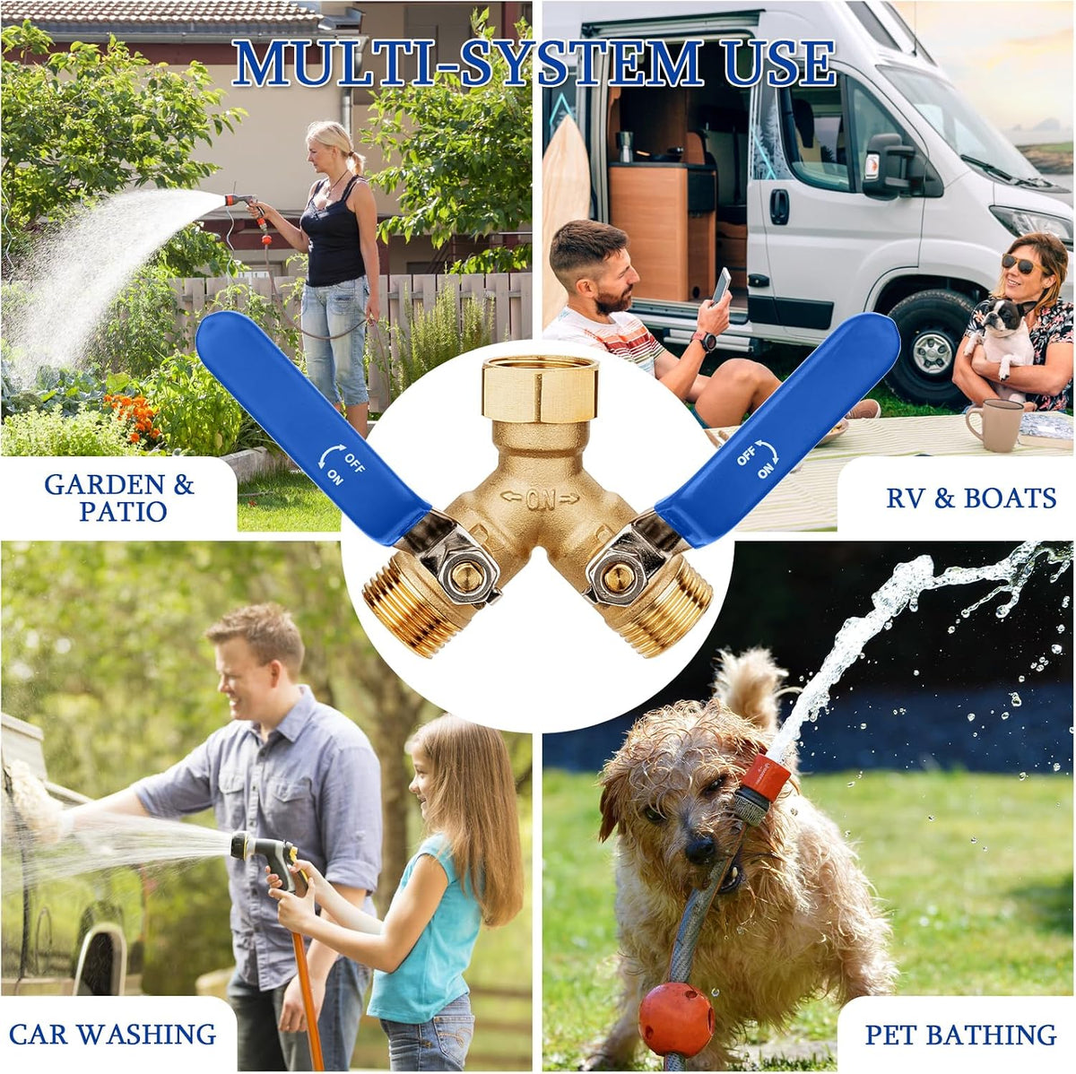 Garden Water Hose Splitter - RV Water Splitter 2 Way Heavy Duty Brass Spigot Hose Splitter - Outdoor Y Hose Bib 2 Valves with 2 Extra Rubber Washers for 3/4" Hose Connector (Blue)