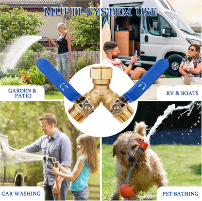 Garden Water Hose Splitter - RV Water Splitter 2 Way Heavy Duty Brass Spigot Hose Splitter - Outdoor Y Hose Bib 2 Valves with 2 Extra Rubber Washers for 3/4" Hose Connector (Blue)