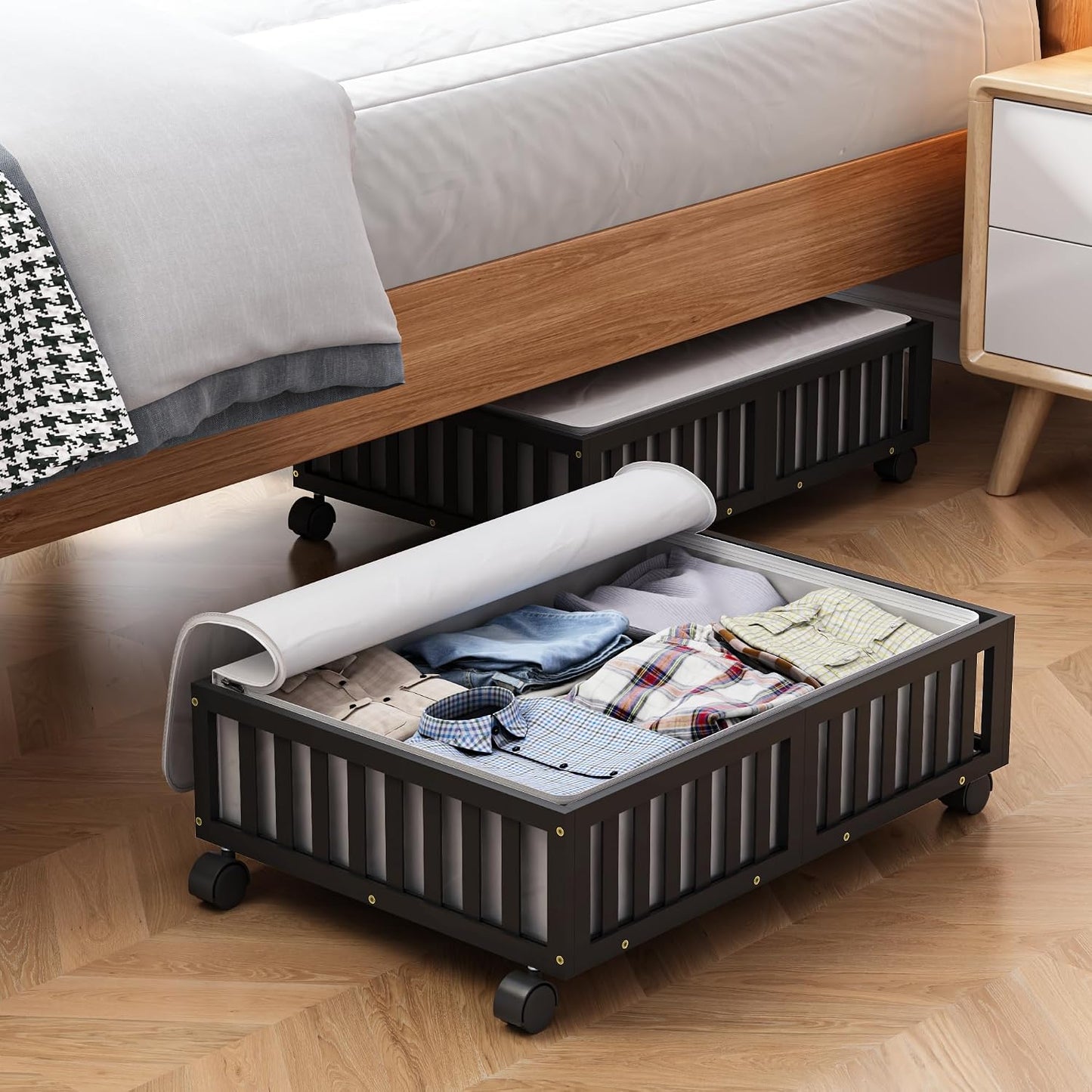 Bamboo Under Bed Storage Containers with Wheels, 2 Pack Under the Bed Shoe Storage Bins, Wood Rolling Underbed Drawers with Bag Organizer for Bedroom, Sheets Clothes Blanket Comforter, Under Crib Toy