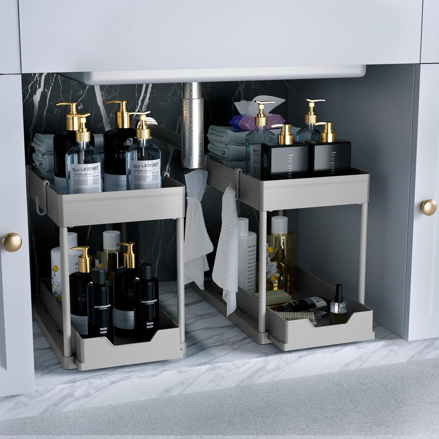 DEKAVA Under Sink Organizer 2 Pack, Bathroom Cabinet Organizer, 2 Tier Sliding Cabinet Basket Organizer Drawer, Multi-Purpose Bath Collection Baskets for Bathroom (Black)