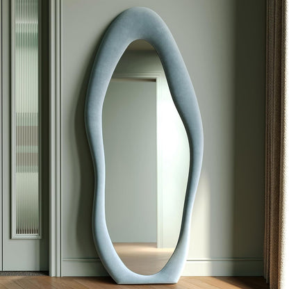 Honyee Full Length Mirror, 63" x 24" Wall Mirror, Flannel Wrapped Wooden Frame Floor Mirror, Irregular Wavy Mirror Hanging or Leaning Against Wall for Cloakroom/Bedroom/Living Room, Milk Tea